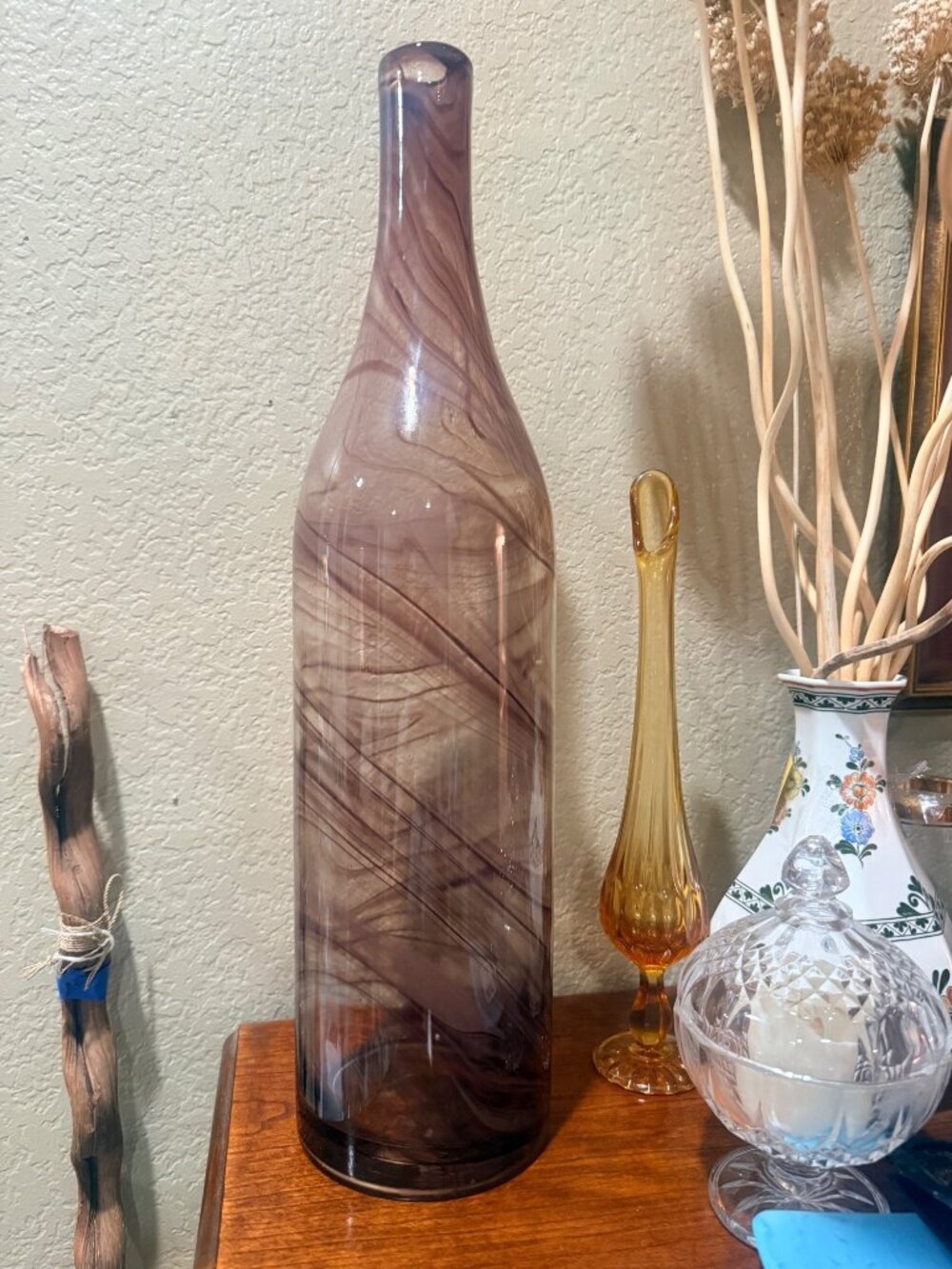 Vintage 19” Tall Amethyst Brown Swirl Art Glass Bottle Vase